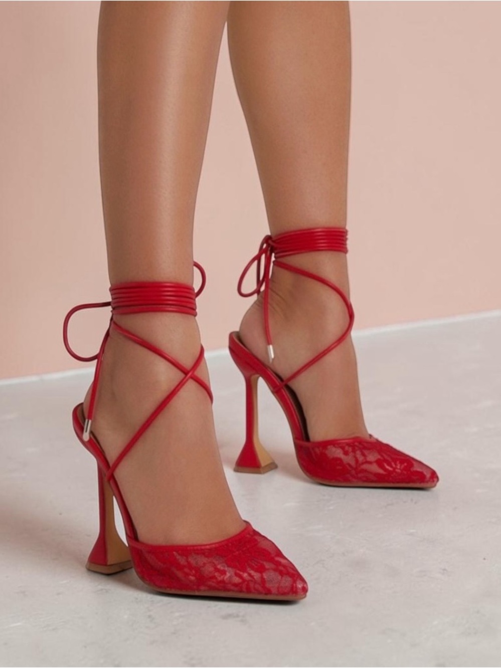 EGO Red Lace Ankle-Tie Pointed-Toe Heels